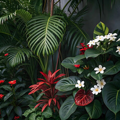 Fototapeta premium A vibrant background featuring lush tropical leaves and exotic flowers, creating a fresh, natural.