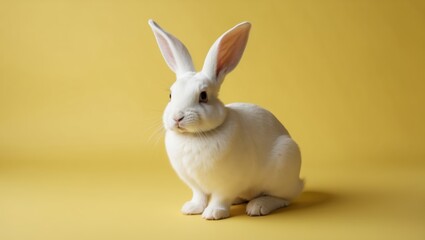 Obraz premium Adorable White Rabbit on Yellow Background. Cute Easter Bunny Portrait