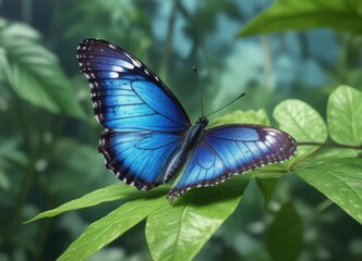 Butterfly with blue watercolor wings perched on a leaf ,  Watercolor art,  Blue butterfly,  Floral
