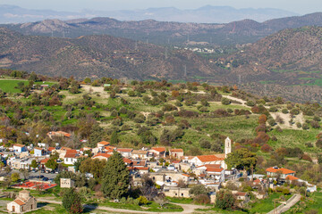 Fototapeta premium View from the top of Lefkara Village and Troodos Mountains at the background in Larnaca district, Cyprus