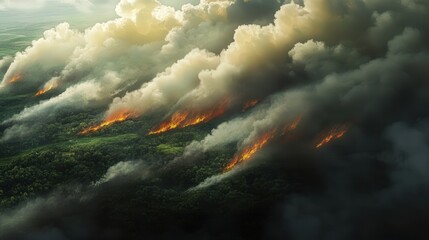 forest fire with smoke billowing into the sky, casting a shadow over the surrounding land.