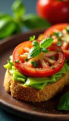 Chopped vegetable and tomato on a crispy baguette slice, tomato, olive oil