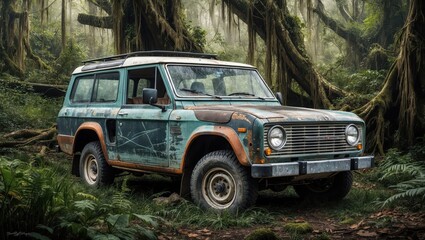 Classic Bronco Exploring Lush Jungle, Vintage Green Car Adventure