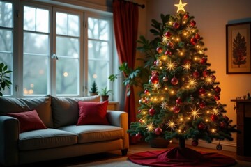 Christmas tree with colorful ornaments and twinkling lights in a cozy living room, Christmas, snowman