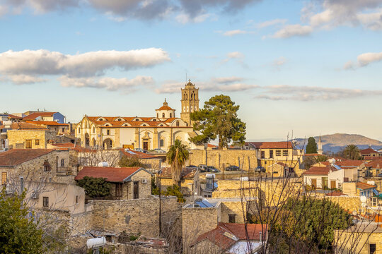 View of Church of the Holy Cross in the center of Lefkara Village at sunset in wintertime.  January. Larnaca district, Cyprus