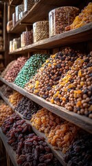 Assortment Of Dried Fruits And Nuts On Wooden Shelves