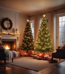 Cozy living room with Christmas decor, warm lighting, and a large Christmas tree in the background ,  decoration,  holiday,  tree
