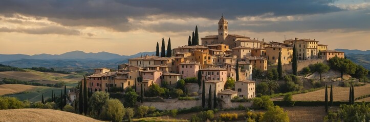 Obraz premium Tuscan Village Panorama under Cloudy Sky in Italy. Landscape and Architecture