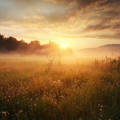 Obraz premium Tranquil Sunrise Over Misty Field with Golden Light and Nature