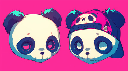 Fototapeta premium Colorful cartoon panda heads wearing hats against a vibrant pink background, showcasing playful designs