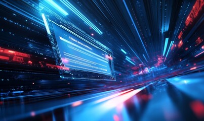 Futuristic data screen illuminated in a vibrant digital tunnel.