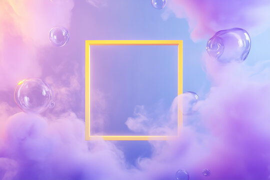 ethereal and surreal scene features a vibrant yellow square frame floating amidst soft, billowing purple and pink clouds. Iridescent soap bubbles drift gently around the frame