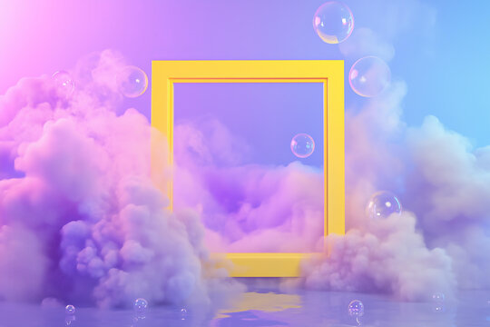 ethereal and surreal scene features a vibrant yellow square frame floating amidst soft, billowing purple and pink clouds. Iridescent soap bubbles drift gently around the frame