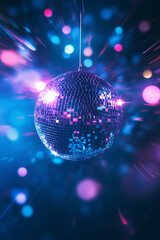 Obraz premium This dazzling close-up of a classic disco ball showcases its shimmering mirrored tiles reflecting an array of electric blues, purples, and pinks. 