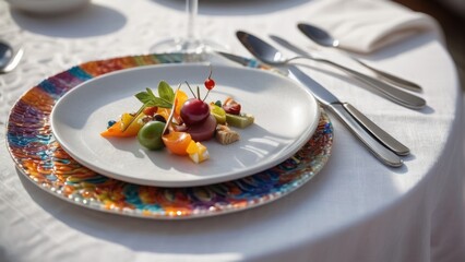 A gourmet dish artfully arranged on a white plate with a colorful rim, featuring vibrant vegetables and garnishes. Set on a white tablecloth with silver cutlery, perfect for fine dining