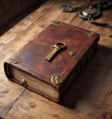 Dusty old book with worn leather cover and golden lock on a wooden table,  desk,  leather,  ancient