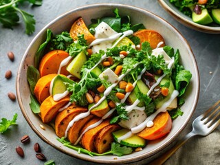 Vibrant aerial view: Sweet potato bowls topped with fresh greens and creamy tahini dressing. Healthy and delicious!