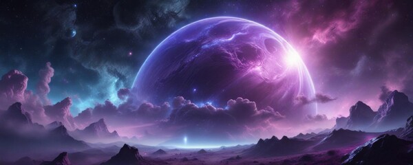 Ethereal planet with swirling purple clouds and glowing blue stars ,  mystical,  celestial,  cosmic