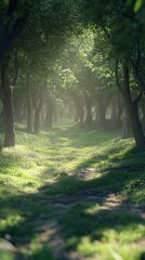 Obraz premium Lush Green Pathway Through Sunlit Tree Grove in a Tranquil Forest