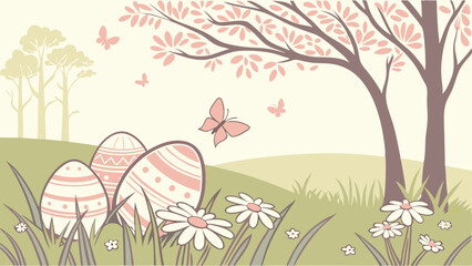 Magical Easter Meadow Background with Pastel Colored Eggs Hidden Among Wildflowers, Soft Sunlight, Blooming Spring Flowers, Green Grass, and a Dreamy Sunrise Landscape for Easter Holiday Art
