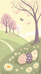 Magical Easter Meadow Background with Pastel Colored Eggs Hidden Among Wildflowers, Soft Sunlight, Blooming Spring Flowers, Green Grass, and a Dreamy Sunrise Landscape for Easter Holiday Art
