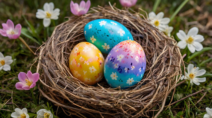 Obraz premium whimsical easter nest brimming with vibrant eggs a joyful springtime delight