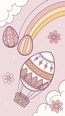 Whimsical Floating Easter Egg Sky Background with Colorful Patterned Eggs Drifting Among Soft Clouds, Golden Sunlight, Gentle Breeze, a Beautiful Rainbow, and Dreamy Pastel Colored Atmosphere