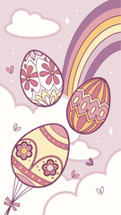 Whimsical Floating Easter Egg Sky Background with Colorful Patterned Eggs Drifting Among Soft Clouds, Golden Sunlight, Gentle Breeze, a Beautiful Rainbow, and Dreamy Pastel Colored Atmosphere