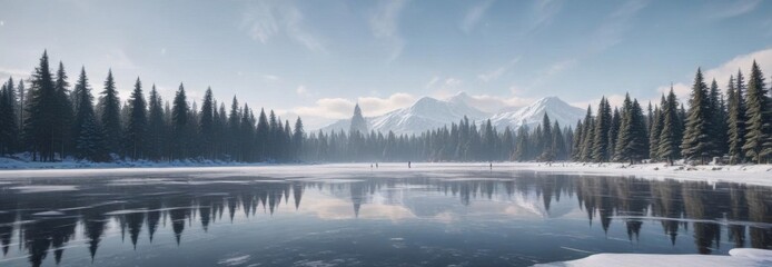 Obraz premium Frozen lake with ice skaters and Christmas trees in the background, christmas, decorations, snowy