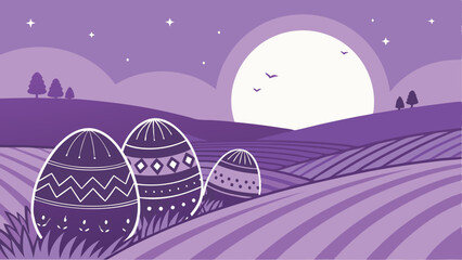 Mystical Lavender Field Easter Background with Glowing Crystal Eggs, Full Moon, Twinkling Stars, Rolling Hills, Soft Mist, and a Dreamlike Purple and Blue Twilight Landscape for Fantasy Art