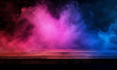 black background with colorful smoke at the bottom, a wooden table in front of it, and a gradient color scheme at night
