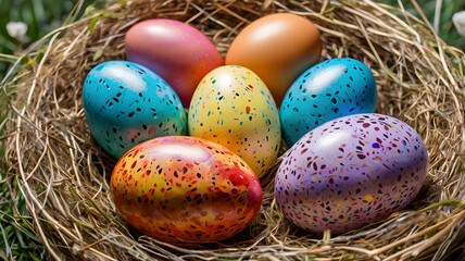 Obraz premium whimsical easter nest brimming with vibrant eggs a joyful springtime delight