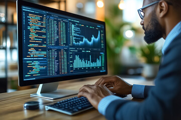 Fingers move swiftly across the keyboard as complex financial data and visualizations fill the screen. A professional setting highlights the tech-savvy nature of today’s finance industry