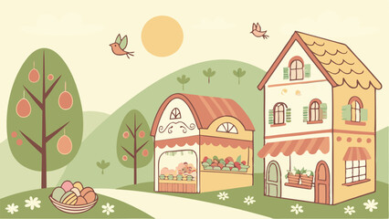Fairy Tale Easter Village Background with Giant Egg-Shaped Houses, Colorful Decorated Eggs, Cobblestone Paths, Blooming Flowers, Rolling Green Hills, and a Warm Sunrise for a Whimsical Scene