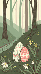 Peaceful Woodland Easter Background with Hidden Decorated Eggs Among Soft Moss, Blooming Spring Flowers, Twinkling Fireflies, Dappled Sunlight, Tall Trees, and a Serene Forest Landscape