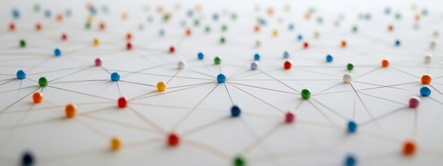 Colorful Pins Connected with Threads on a White Background Surface