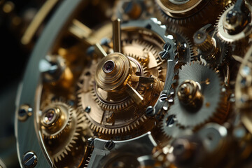 Close-up macro shot of intricate mechanical watch gears in gold and silver tones, highlighting the precision craftsmanship of interlocking cogs and delicate engineering.  