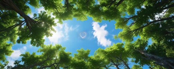 Obraz premium Lush green forest canopy with a heart-shaped hole in the center, revealing a bright blue sky, heart shaped hole, nature