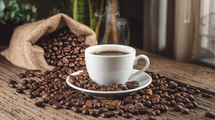 Hot Coffee and Scattered Beans on Rustic Table with Burlap Sack &ndash; Ideal for Themes of Warmth, Aroma, and the Comfort of a Morning Brew