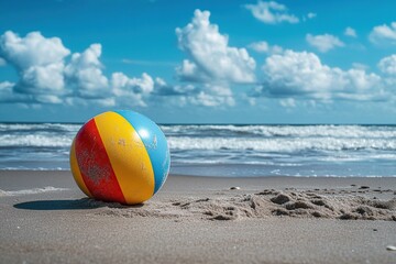Obraz premium Colorful Beach Ball on Sandy Shore Under a Sunny Sky