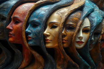 a dramatic portrait of a theatrical mask collection arranged in spiral formation with contrasting light and shadow each mask expressing different emotions and personalities