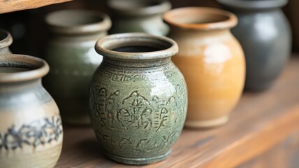 Handcrafted Ceramic Vases with Embossed Patterns on Wooden Shelf