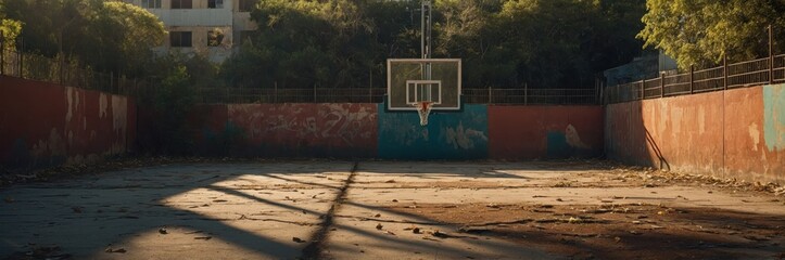 Abandoned Outdoor Basketball Court.  Urban Decay Meets Sports, Faded Glory in Cityscapes