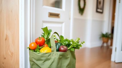 A green reusable bag filled with fresh produce sits by a white door, symbolizing grocery delivery and healthy living