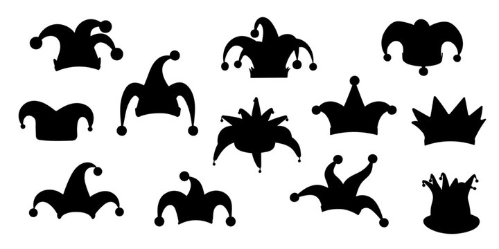 Set of jester hat silhouettes in various styles. Black carnival and clown headwear icons for design projects, decorations, and festive themes. Perfect for logos, stickers, and digital illustrations.