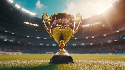 Win concept. Champion Award gold cup, Golden winner's cup in the middle of a soccer stadium with audience