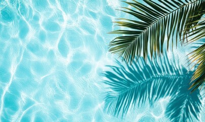 Top view of a palm leaf's shadow on the turquoise water surface in a swimming pool, a summer background with copy space