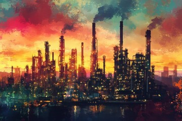 Vibrant Industrial Landscape at Dusk with Smoking Chimneys and Colorful Reflections in Water, Capturing the Essence of Modern Manufacturing and Pollution Dynamics