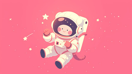 Cute cartoon astronaut floating in a pink galaxy, surrounded by stars and a whimsical atmosphere