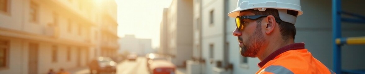 Technician wearing white hard hat with reflective visor and safety vest in sunlight background, safety gear, equipment
